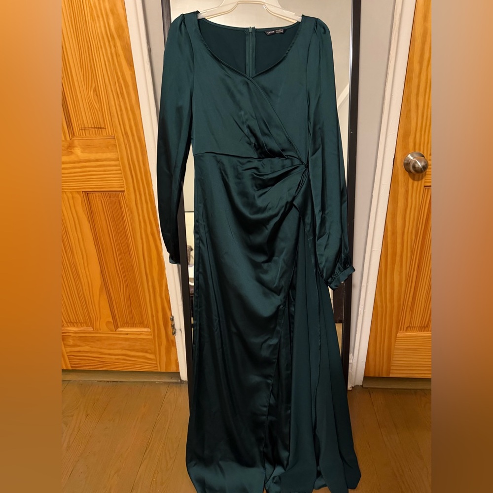 SHEIN Deep Green Long Sleeve Satin Dress